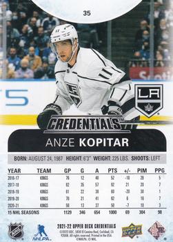 2021-22 Upper Deck Credentials #35 Anze Kopitar Back