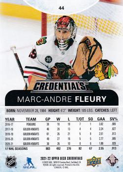 2021-22 Upper Deck Credentials #44 Marc-Andre Fleury Back
