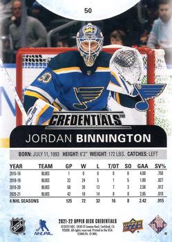 2021-22 Upper Deck Credentials #50 Jordan Binnington Back