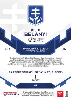 2022 SportZoo Hokejové Slovensko - Blue #1 Filip Belanyi Back