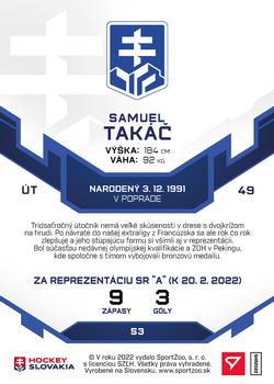 2022 SportZoo Hokejové Slovensko - Blue #53 Samuel Takac Back