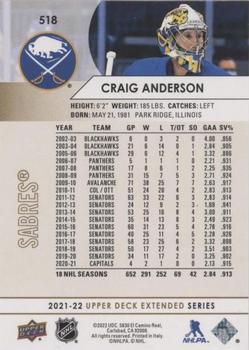 2021-22 Upper Deck - Silver Foil #518 Craig Anderson Back