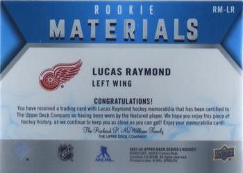 2021-22 Upper Deck - Rookie Materials Patch #RM-LR Lucas Raymond Back