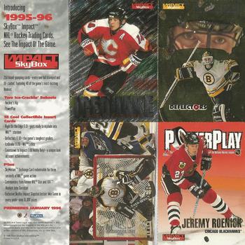 1995-96 SkyBox Impact - Samples Panels #NNO Theo Fleury / Blaine Lacher / Jeremy Roenick Front