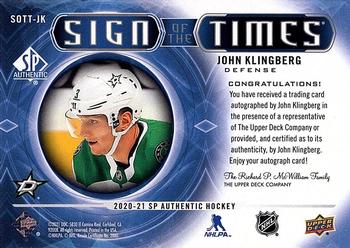 2020-21 SP Authentic - Sign of the Times #SOTT-JK John Klingberg Back