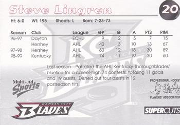 1999-00 Multi-Ad Kansas City Blades (IHL) #10 Steve Lingren Back