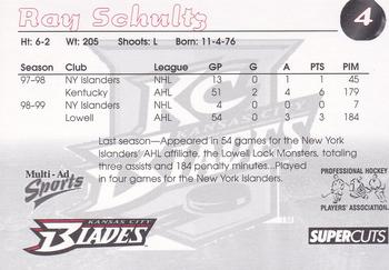 1999-00 Multi-Ad Kansas City Blades (IHL) #18 Ray Schultz Back