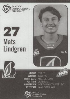 2021-22 Kamloops Blazers (WHL) #NNO Mats Lindgren Back