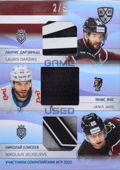 2021-22 Sereal KHL The 14th Season Collection - 2022 Olympic Games Game-Used Memorabilia Autographs #OG-3-006 Lauris Darzins / Janis Jaks / Nikolajs Jelisejevs Front
