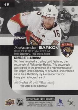 2021-22 Upper Deck Game Dated Moments - Autographs Achievement #15 Aleksander Barkov Back