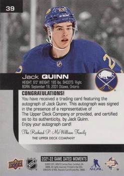 2021-22 Upper Deck Game Dated Moments - Autographs Achievement #39 Jack Quinn Back