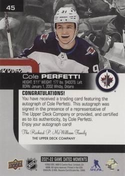 2021-22 Upper Deck Game Dated Moments - Autographs Achievement #45 Cole Perfetti Back