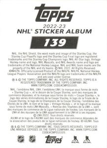 2022-23 Topps NHL Sticker Collection #139 Stinger Back
