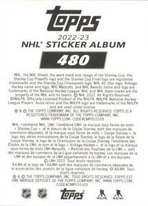 2022-23 Topps NHL Sticker Collection #480 Brock Boeser Back