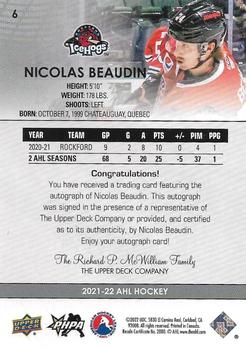 2021-22 Upper Deck AHL - Autographs #6 Nicolas Beaudin Back