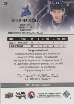 2021-22 Upper Deck AHL - Autographs #29 Ville Heinola Back