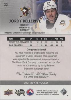 2021-22 Upper Deck AHL - Autographs #33 Jordy Bellerive Back