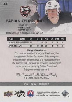 2021-22 Upper Deck AHL - Autographs #44 Fabian Zetterlund Back