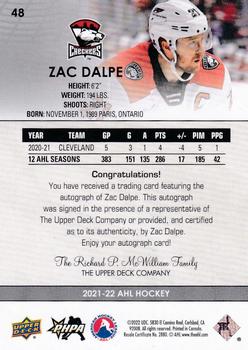2021-22 Upper Deck AHL - Autographs #48 Zac Dalpe Back