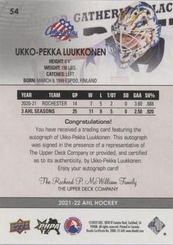 2021-22 Upper Deck AHL - Autographs #54 Ukko-Pekka Luukkonen Back