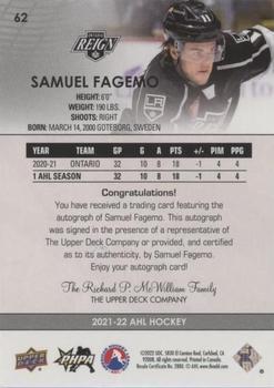 2021-22 Upper Deck AHL - Autographs #62 Samuel Fagemo Back