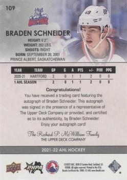 2021-22 Upper Deck AHL - Autographs #109 Braden Schneider Back
