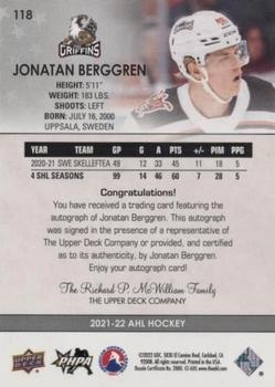 2021-22 Upper Deck AHL - Autographs #118 Jonatan Berggren Back