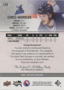 2021-22 Upper Deck AHL - Autographs #130 Greg Meireles Back