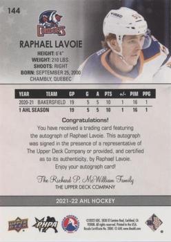 2021-22 Upper Deck AHL - Autographs #144 Raphael Lavoie Back