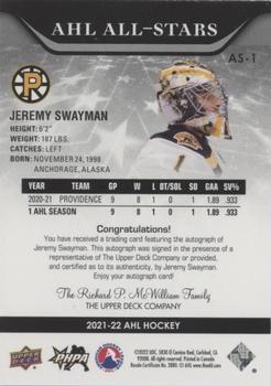 2021-22 Upper Deck AHL - AHL All-Stars Autographs #AS-1 Jeremy Swayman Back