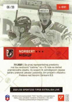 2021-22 SportZoo Live Tipos Extraliga #L-031 Norbert Miskuf Back