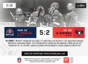 2021-22 SportZoo Live Tipos Extraliga #L-064 HK 32 Liptovsky Mikulas - HC Banska Bystrica 5:2 Back