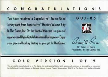 2015-16 In The Game Final Vault - 2009-10 In The Game Superlative - Game Used Jerseys Gold (Blue Vault Stamp) #GUJ-05 Ryan Getzlaf Back