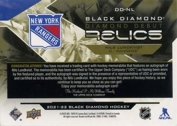 2021-22 Upper Deck Black Diamond - Diamond Debut Relics Auto Patch #DD-NL Nils Lundkvist Back