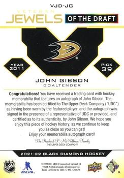 2021-22 Upper Deck Black Diamond - Jewels of the Draft Stars #VJD-JG John Gibson Back