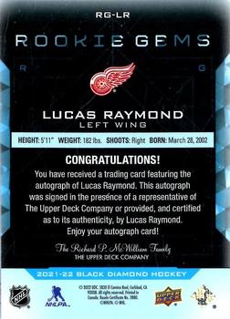 2021-22 Upper Deck Black Diamond - Rookie Gems Pure Black Signatures #RG-LR Lucas Raymond Back