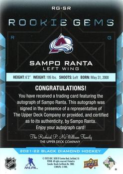 2021-22 Upper Deck Black Diamond - Rookie Gems Pure Black Signatures #RG-SR Sampo Ranta Back
