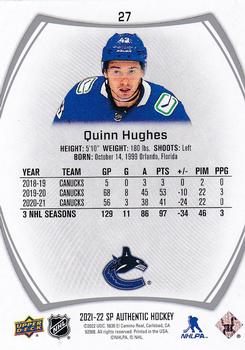 2021-22 SP Authentic #27 Quinn Hughes Back