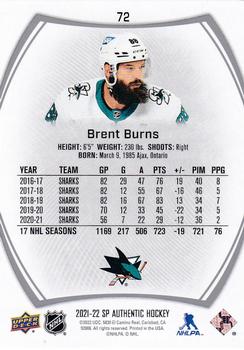 2021-22 SP Authentic #72 Brent Burns Back