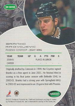 2001-02 Be a Player Update - 2001-02 Parkhurst Update #339 Branko Radivojevic Back
