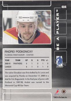 2001-02 Be a Player Update - 2001-02 Be A Player Memorabilia Update #404 Andrej Podkonicky Back