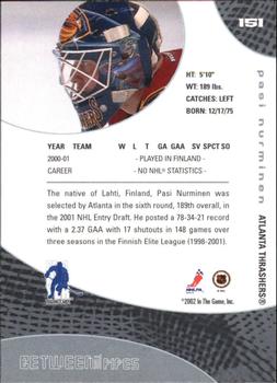 2001-02 Be a Player Update - 2001-02 Be A Player Between the Pipes Update #151 Pasi Nurminen Back