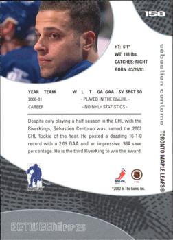 2001-02 Be a Player Update - 2001-02 Be A Player Between the Pipes Update #158 Sebastien Centomo Back