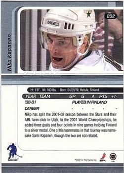 2001-02 Be a Player Update - 2001-02 Be A Player Signature Series Update #232 Niko Kapanen Back