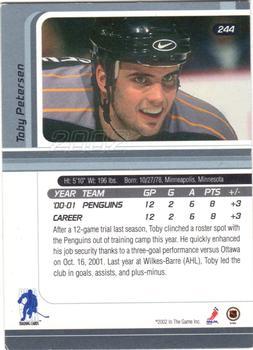 2001-02 Be a Player Update - 2001-02 Be A Player Signature Series Update #244 Toby Petersen Back