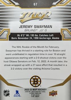 2022-23 Upper Deck MVP - Gold Script #67 Jeremy Swayman Back