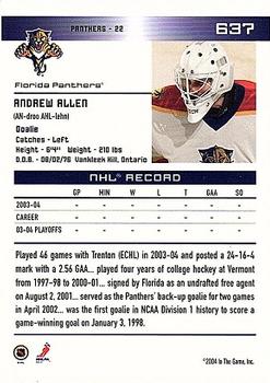 2003-04 Be A Player Update - 2003-04 In The Game Action Update #637 Andrew Allen Back