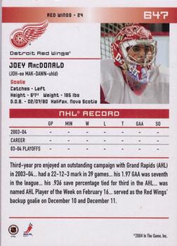 2003-04 Be A Player Update - 2003-04 In The Game Action Update #647 Joey MacDonald Back