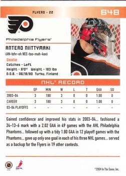 2003-04 Be A Player Update - 2003-04 In The Game Action Update #648 Antero Niittymaki Back