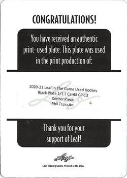 2020-21 Leaf In The Game Used - Center Piece Printing Plate Black #CP-13 Phil Esposito Back